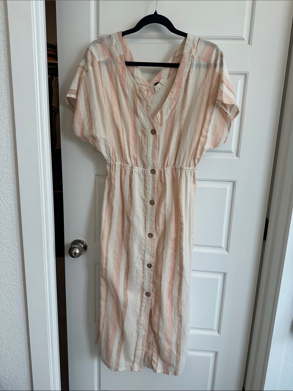 Roxy Cream and Peach Striped Button-Front Midi Dress